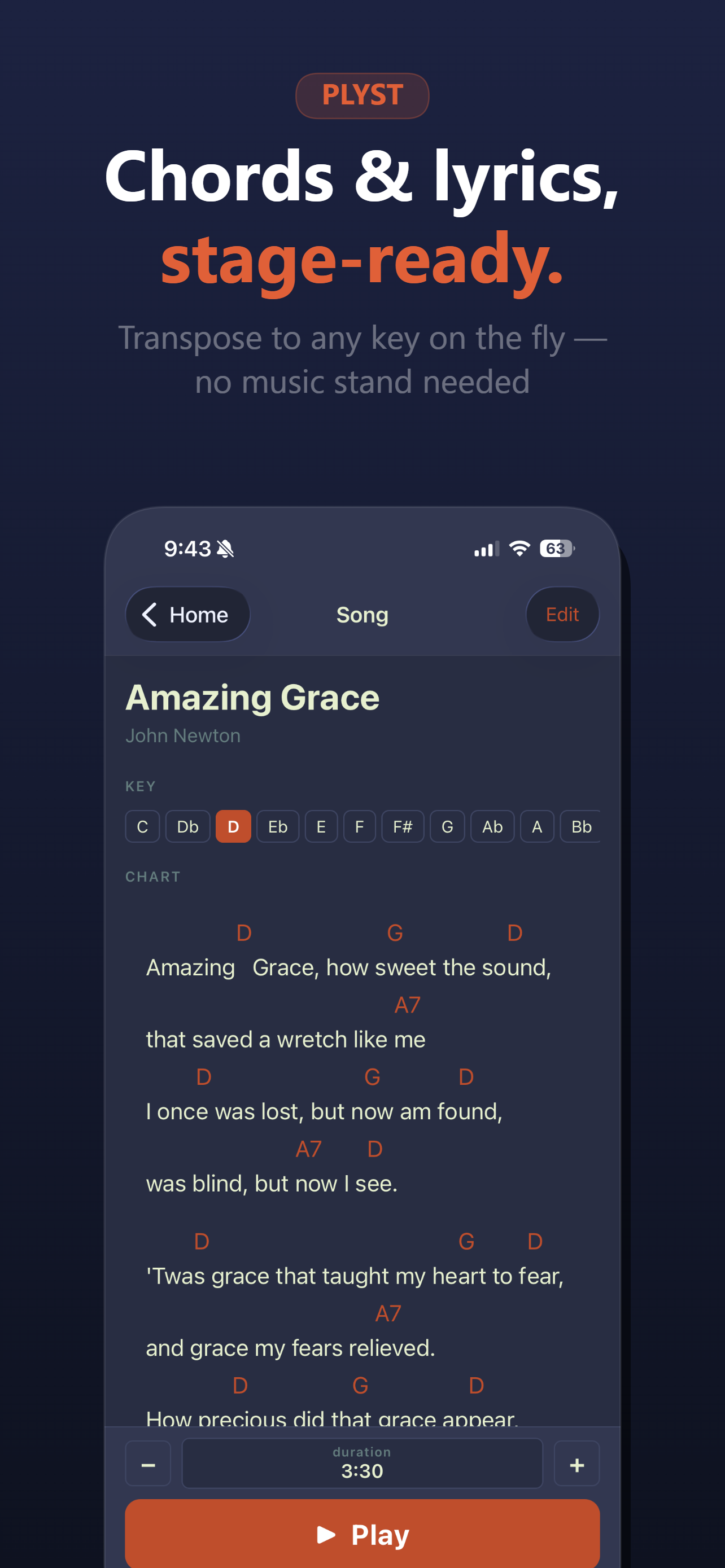 Chords and lyrics on stage, transposable to any key on the fly.